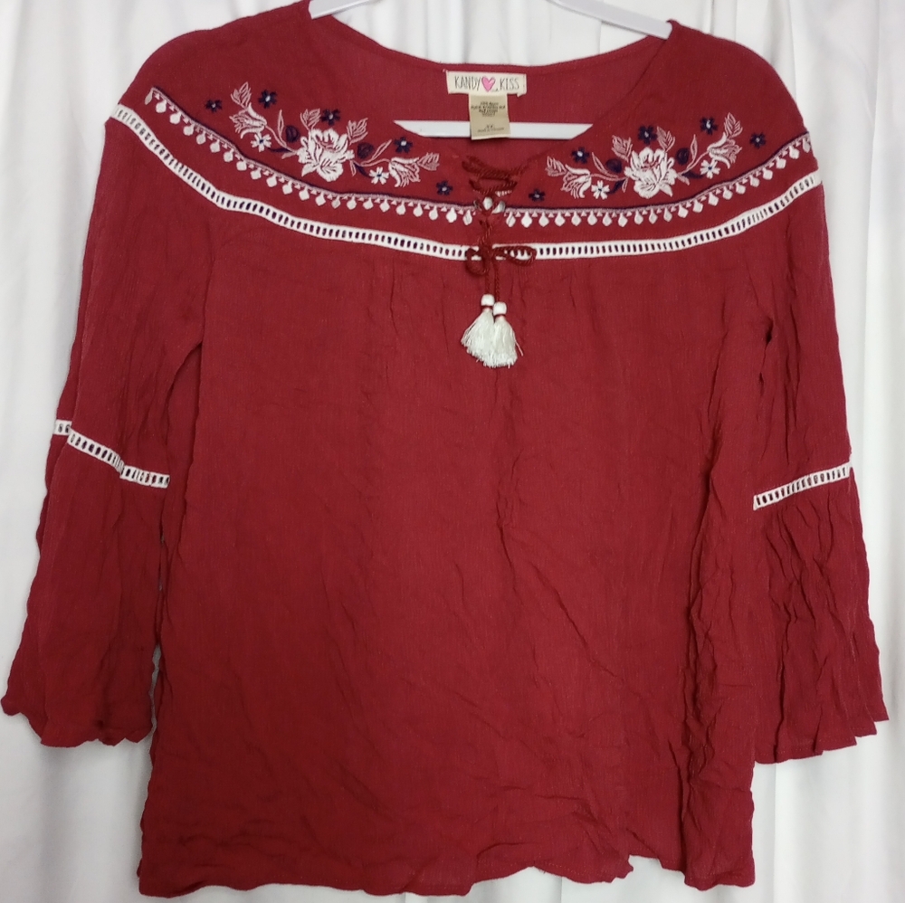 XL Kandy Kiss Girls Flowy Hippie Boho Mauve Shirt Embroidery RWB Tassels Scandi